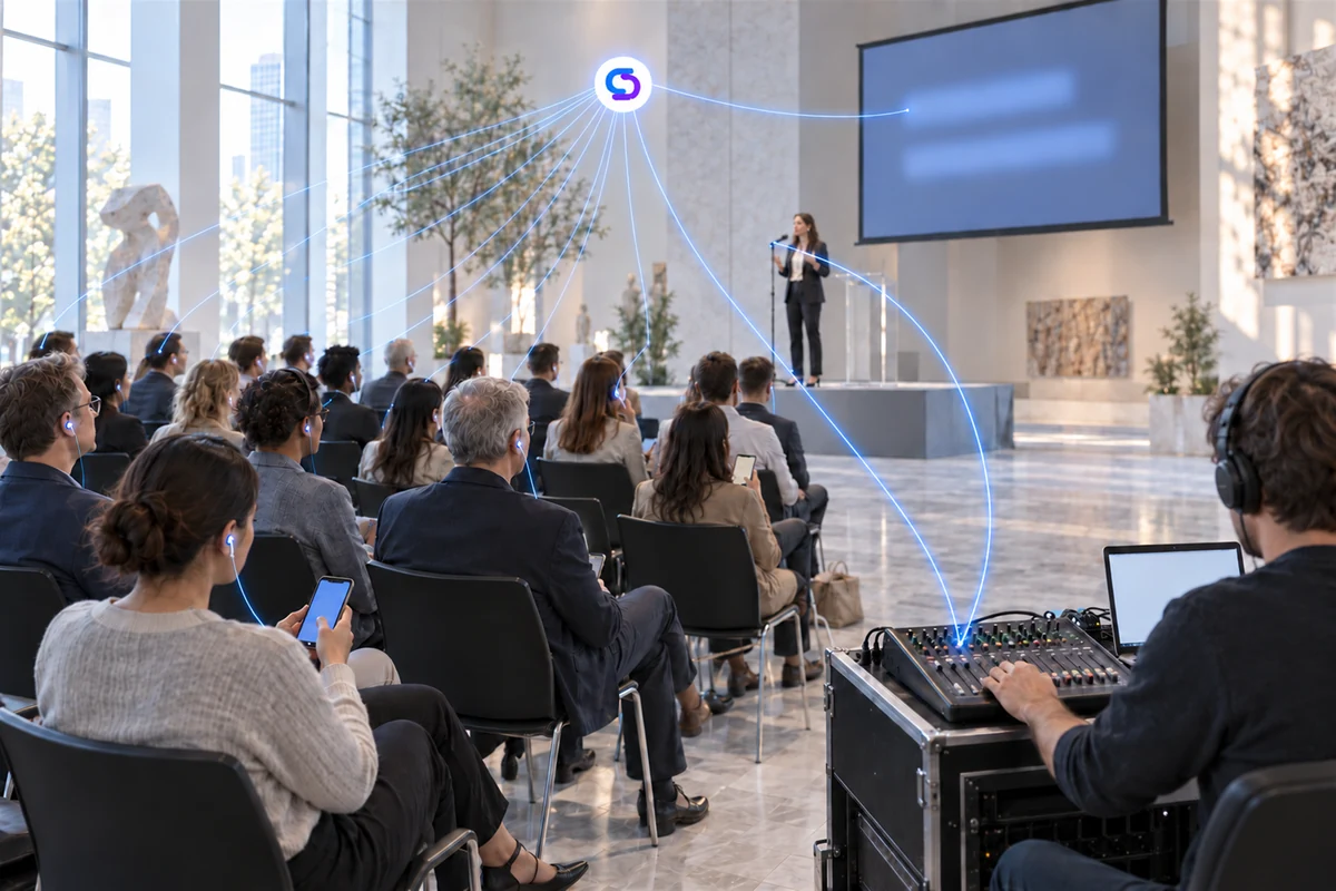 A speaker on stage, a sound desk sending audio to SpanVoice, and audience members reading translated captions on their phones
