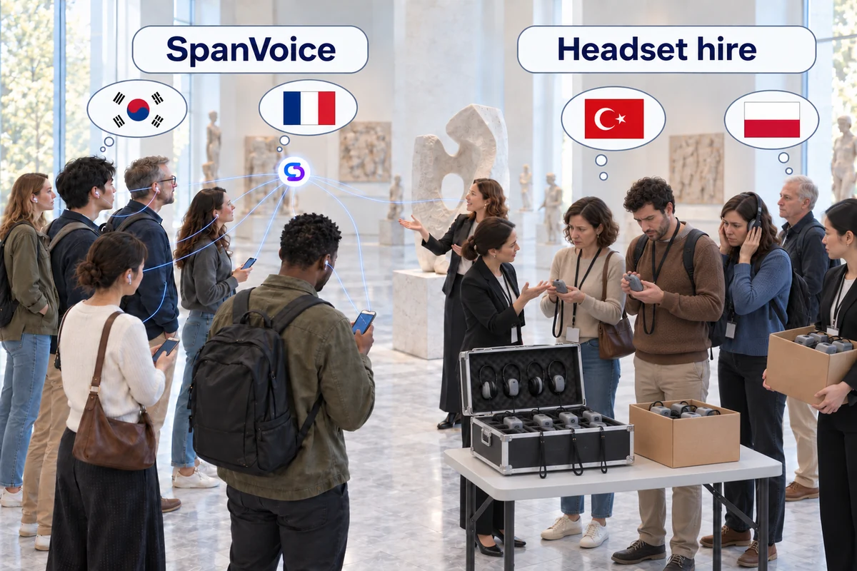 A museum tour group split in two: one side reading SpanVoice captions on their phones, the other queuing to collect hired headsets