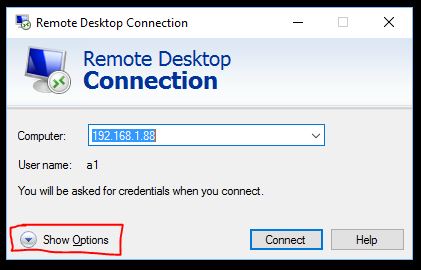 Remote Desktop client – Show Options